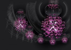sospensione 6 luci cromo e vetro magenta  astro  metal lux206.175.11