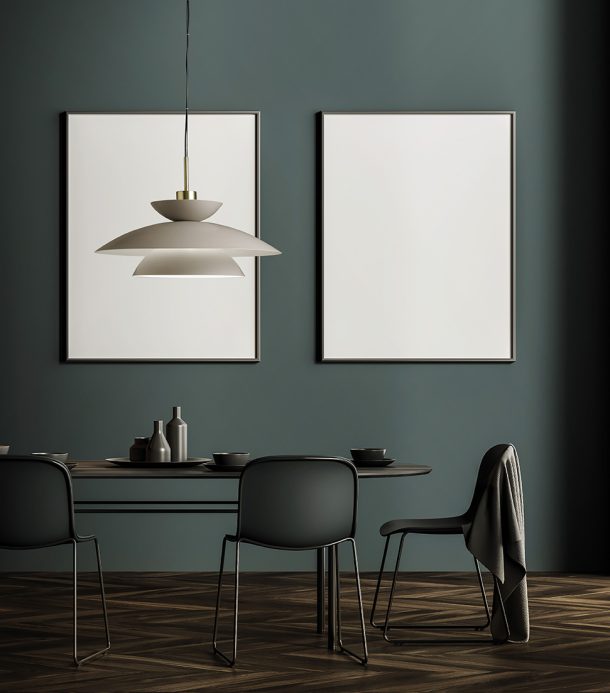 Dark grey dining room interior with two posters
