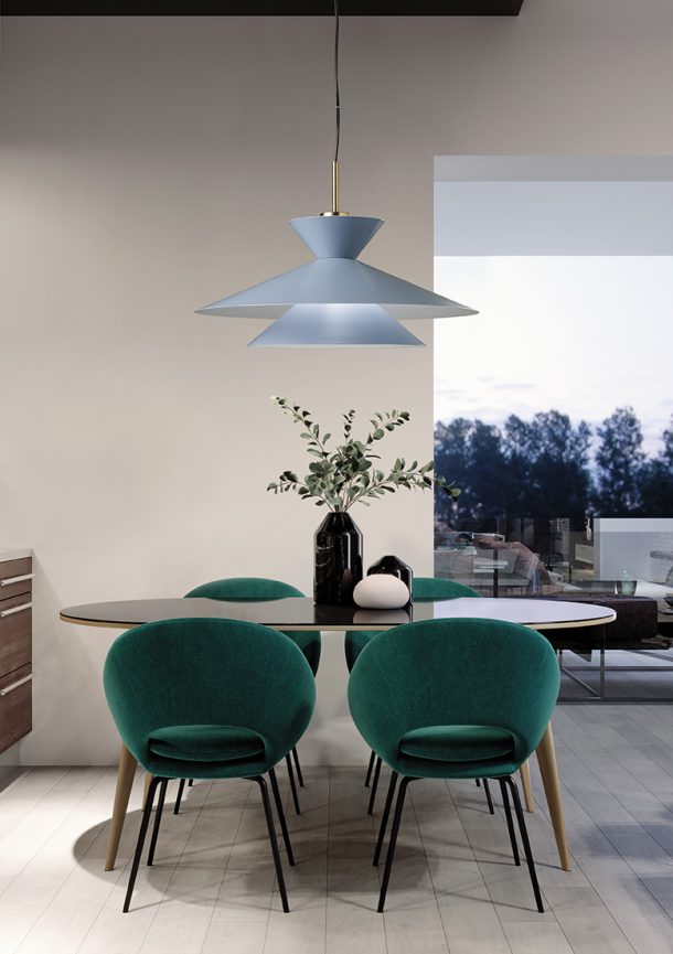 Newly designed kitchen with dining room, loft style, green chair