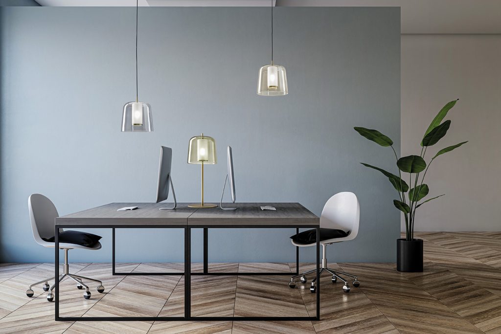 Modern meeting room office interior with wooden flooring, furniture, computers. Workplace, law and legal concept. 3D Rendering.