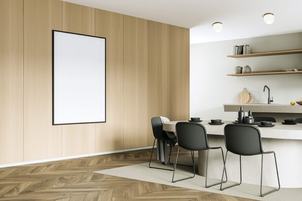 Kitchen,Set,Interior,With,Beige,Dining,Table,On,Carpet,,Side