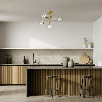 Breakfast bar and minimalist white and wood kitchen