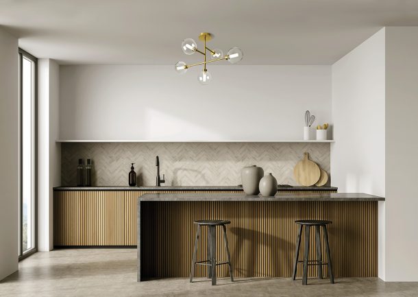 Breakfast bar and minimalist white and wood kitchen