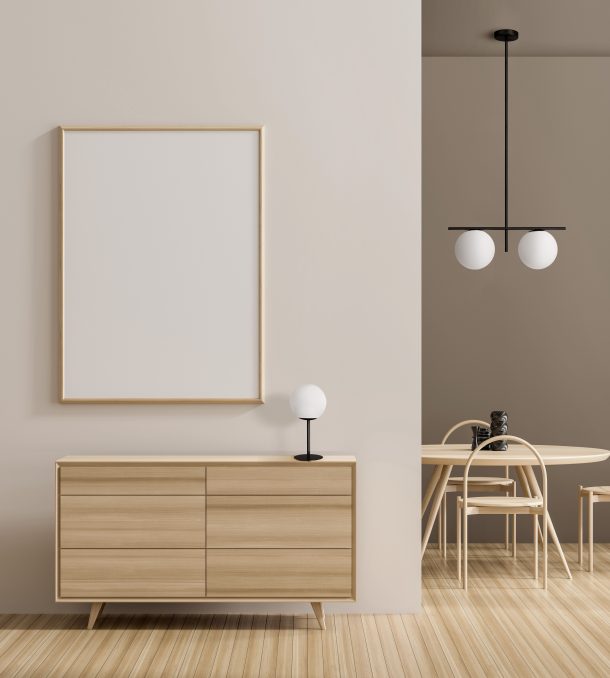 Mock up poster frame in modern interior with wooden furnitures.