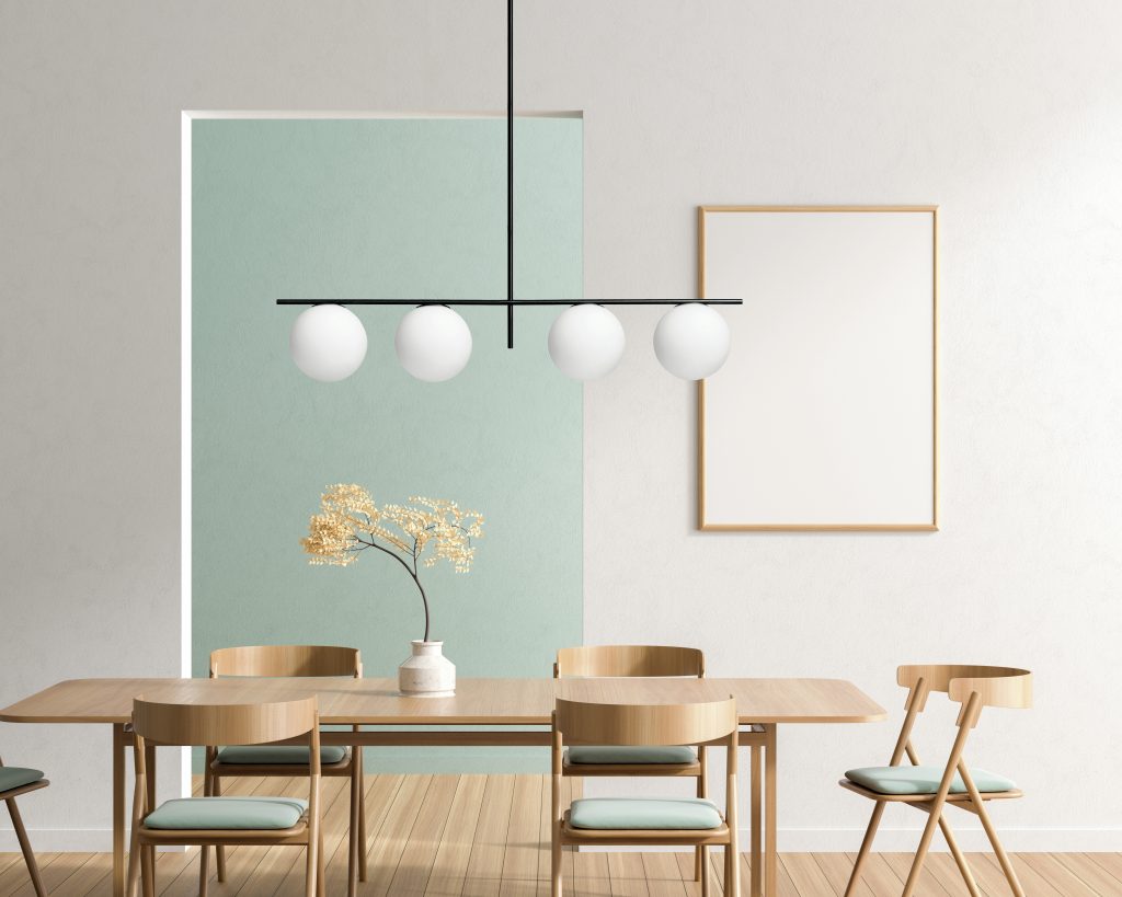 Mock up poster frame in spacious modern dining room with wooden