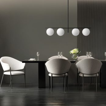 Dark grey dining room with minimal hanging lamp