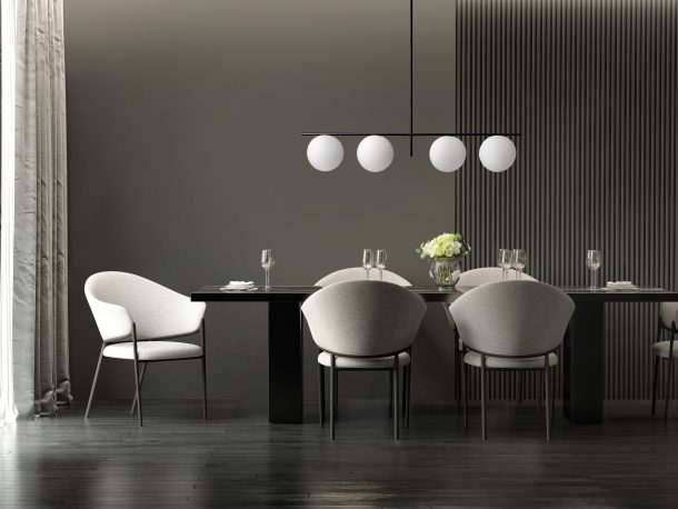 Dark grey dining room with minimal hanging lamp