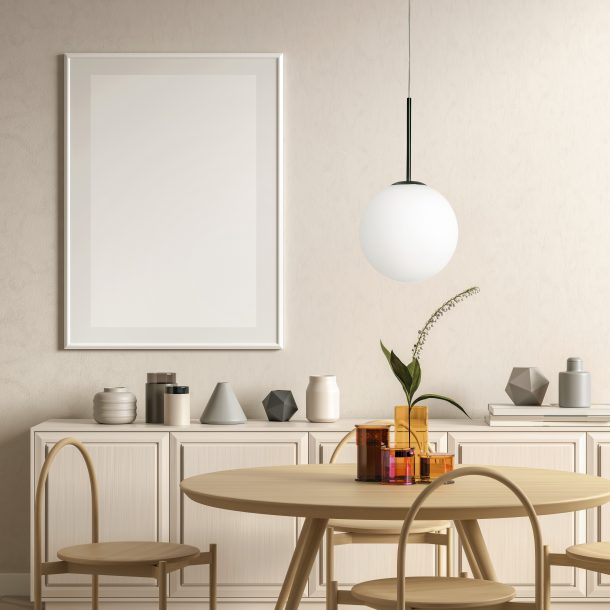 Scandinavian style dining room with wooden chair and table. Min