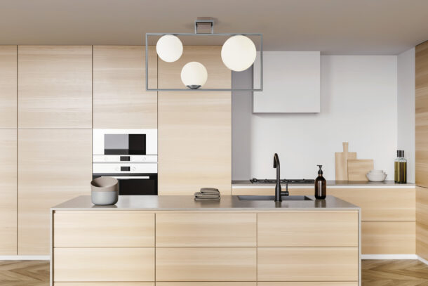 Wooden,Cooking,Interior,With,Island,Cabinet,And,Sink,,Towel,And