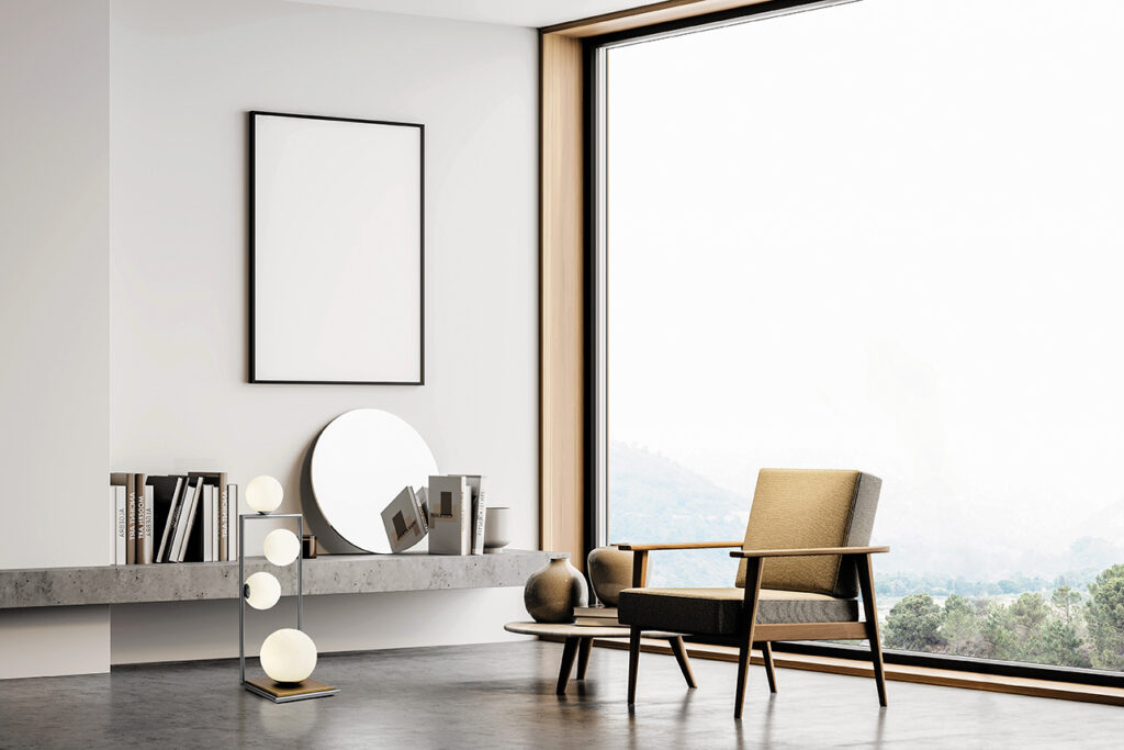 White,Room,Interior,With,Beige,Armchair,,Lamp,With,Coffee,Table